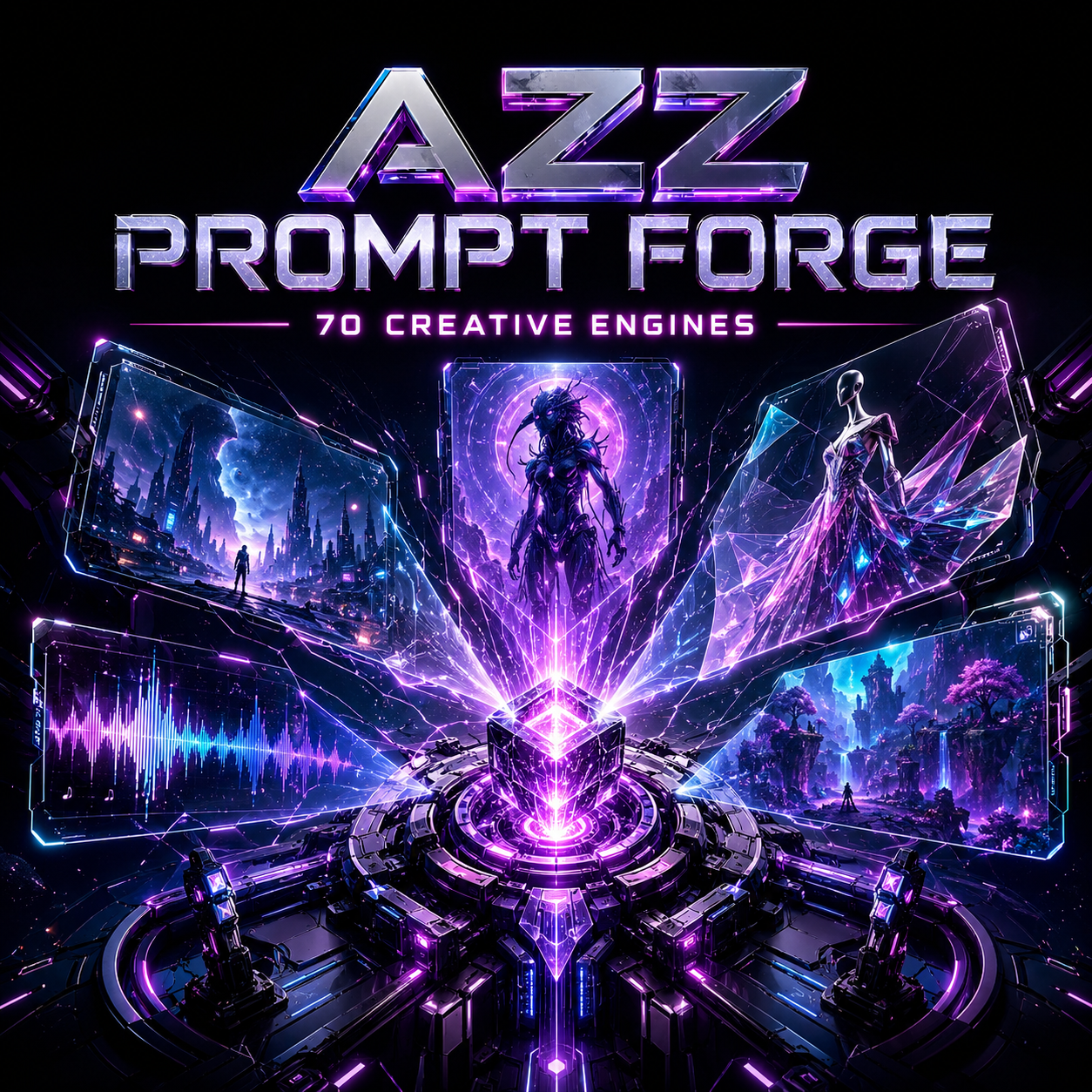 AZZ Prompt Forge — 70 Creative Engines futuristic product hero