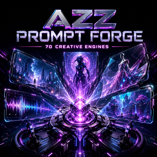 AZZ Prompt Forge — 70 Creative Engines futuristic product hero