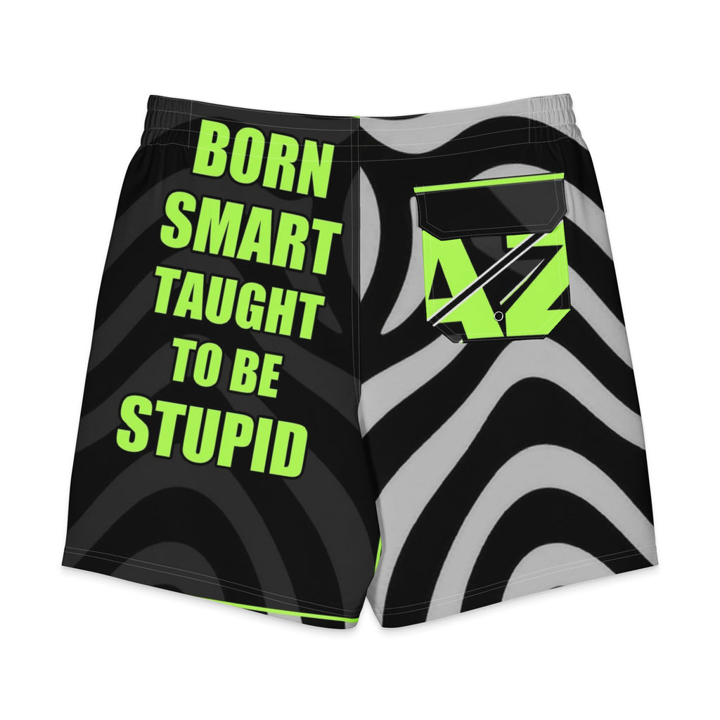 AzzBackWardz Born Smart board shorts back — left-leg slogan and ripped AZ pocket